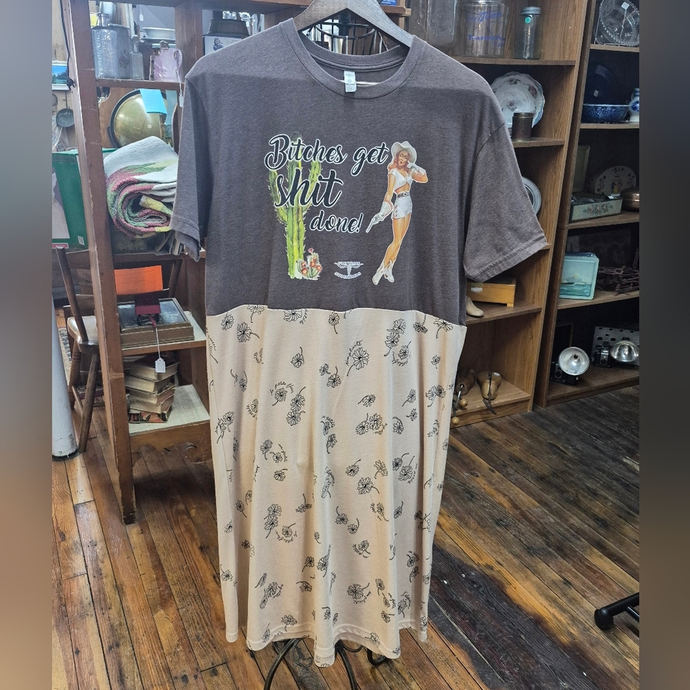 Upcycled Altered T Shirt Dress B*tches Get Sh*t Done Handmade OAK Large - Picture 3 of 7